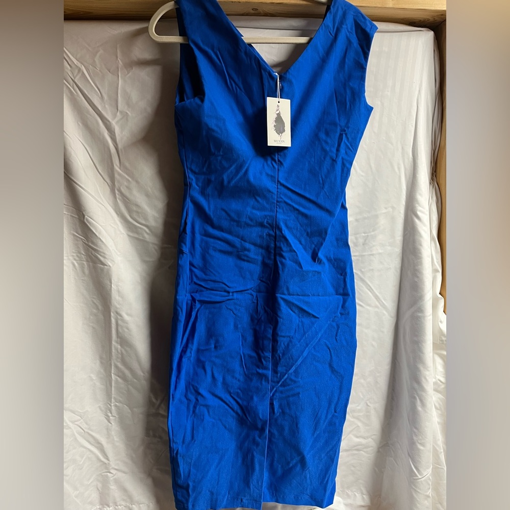 Brand new , stretchy body conblue dress. Cool asymmetrical neckline